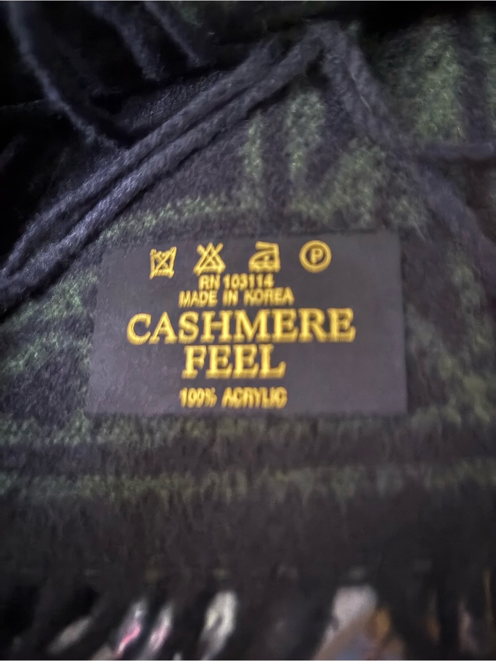 Cashmere Feel Black & Dark Green Plaid Scarf/ Shawl with fringe edge
